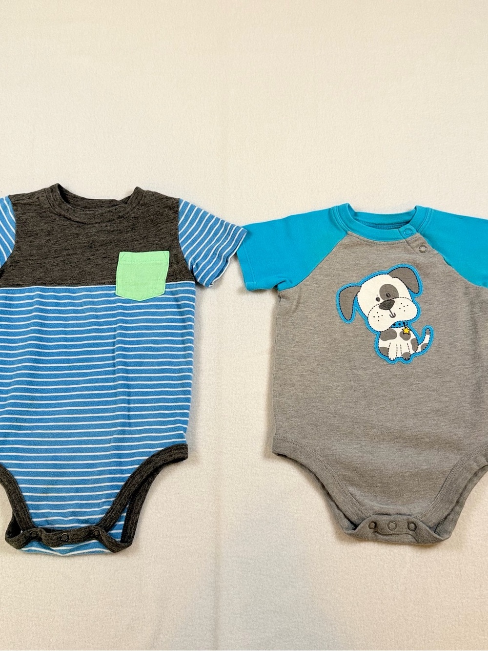 Okie Dokie & Garanimals Boys 18M Bodysuit Bundle Blue Grey Puppy Stripes 2pk
